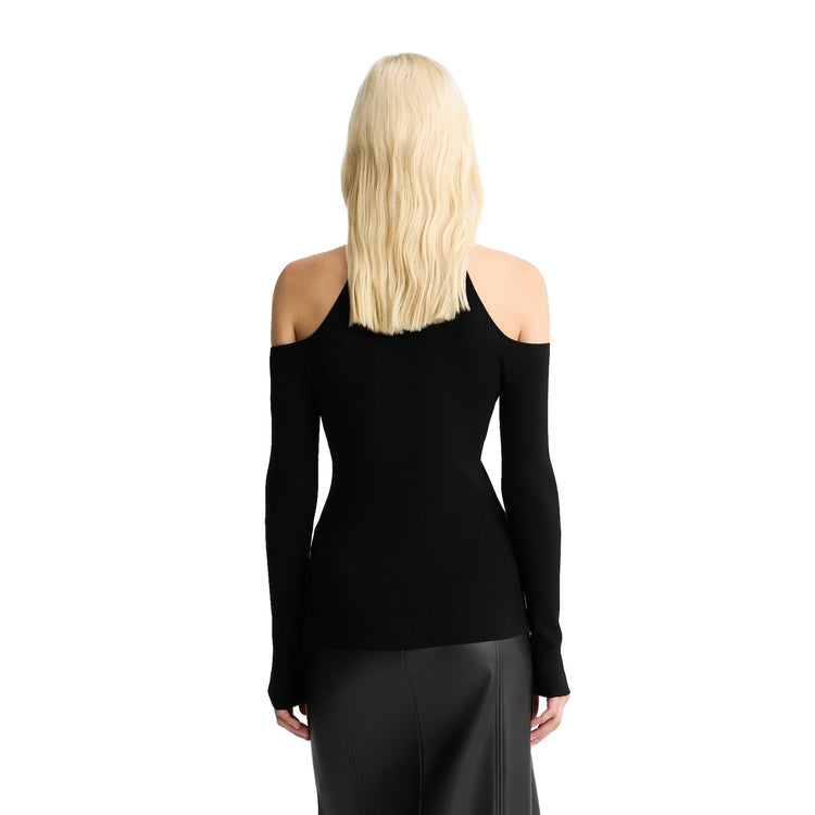 Maglia Donna con borchie su colletto Nero modella retro