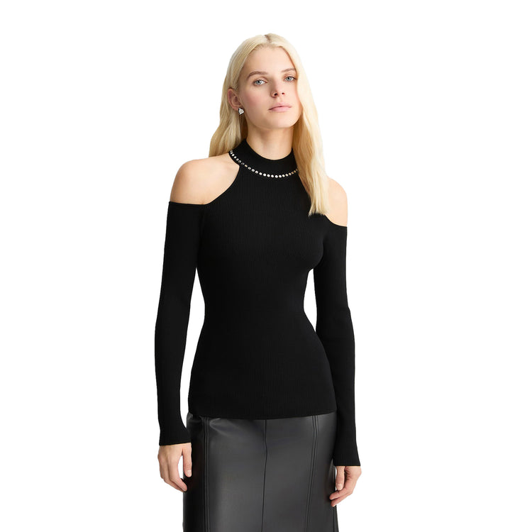 Maglia Donna con borchie su colletto Nero modella frontale