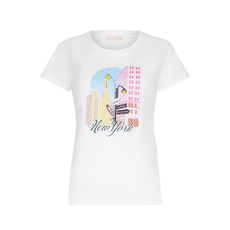 T-shirt in cotone bianco con stampa New York