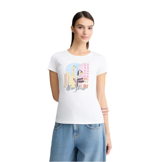 T-shirt in cotone bianco con stampa New York modella frontale