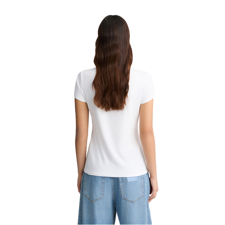T-shirt in cotone bianco con stampa e strass modella retro