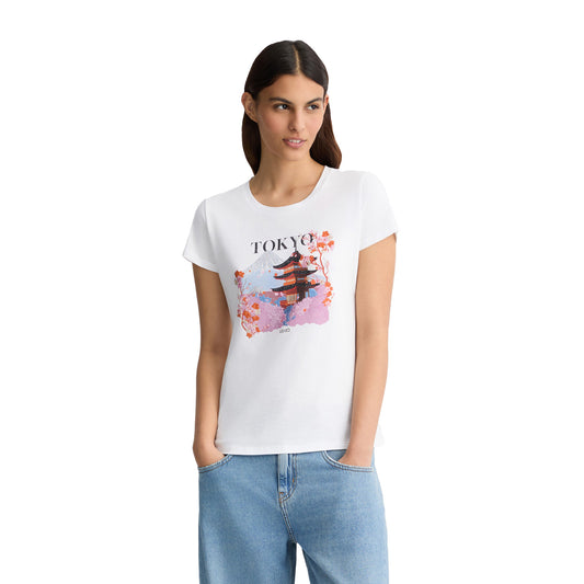 T-shirt in cotone bianco con stampa e strass modella frontale