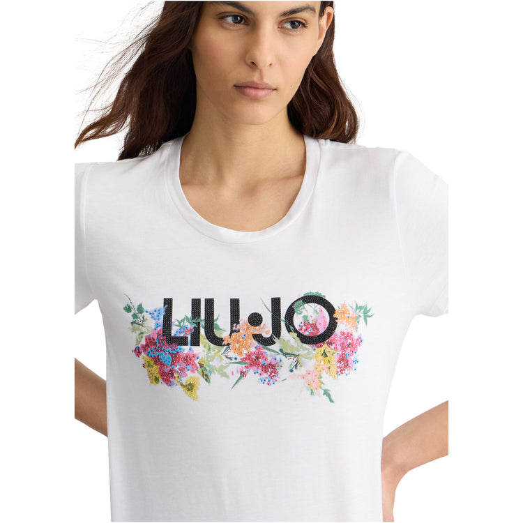 T-shirt Donna con logo e stampa floreale modella frontale ravvicinata