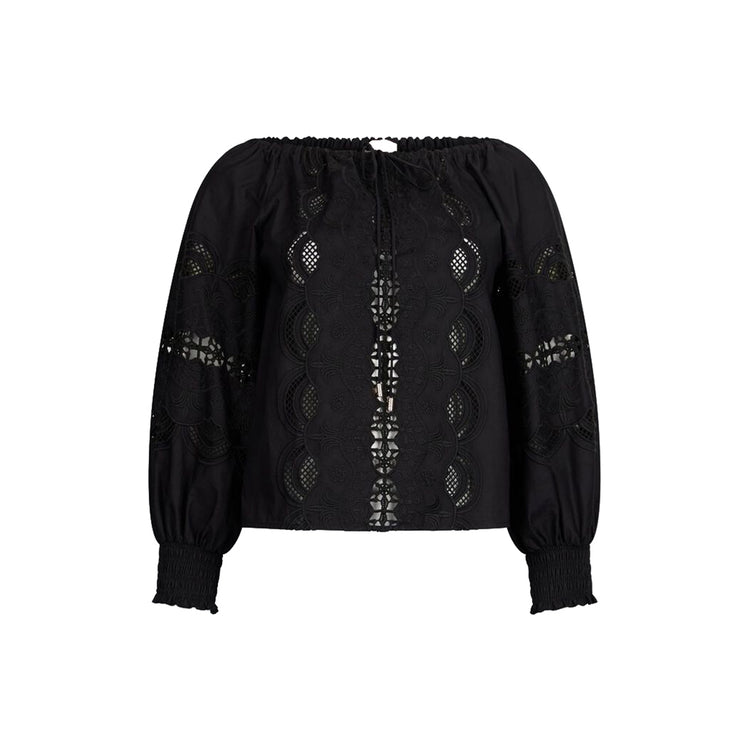 Blusa donna in cotone nero con ricami