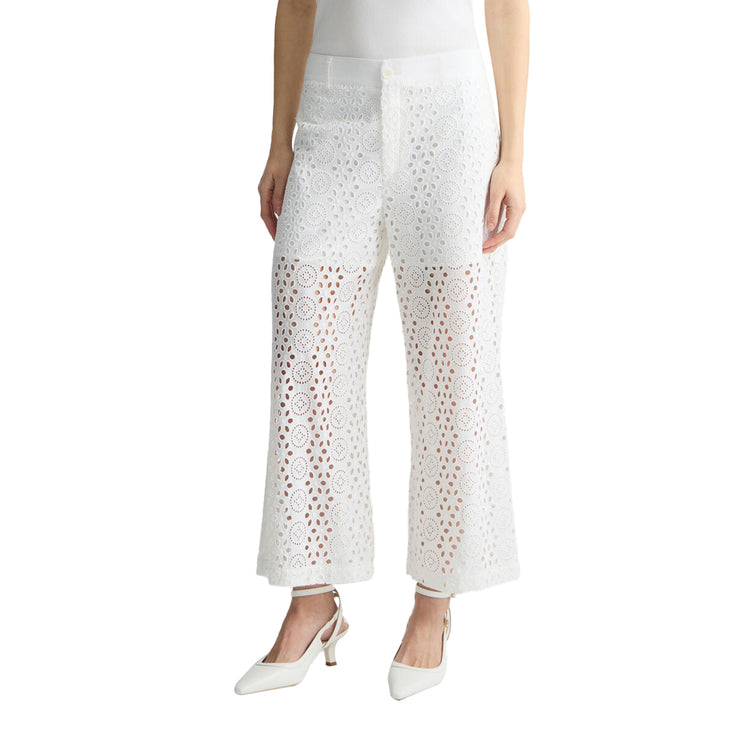 Pantaloni Donna cropped con ricami bianco modella frontale