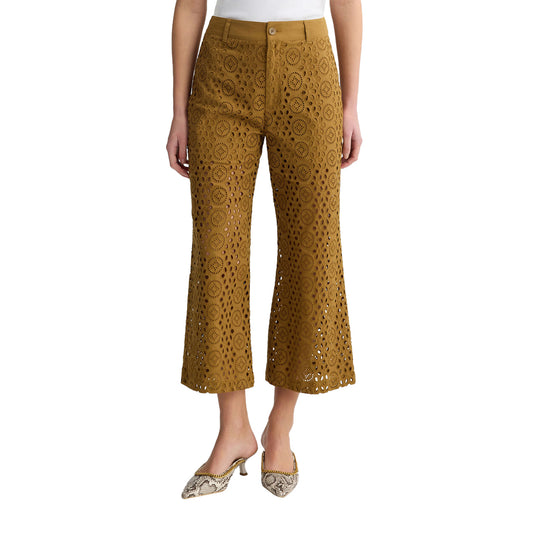 Pantaloni Donna cropped con ricami marrone modella frontale