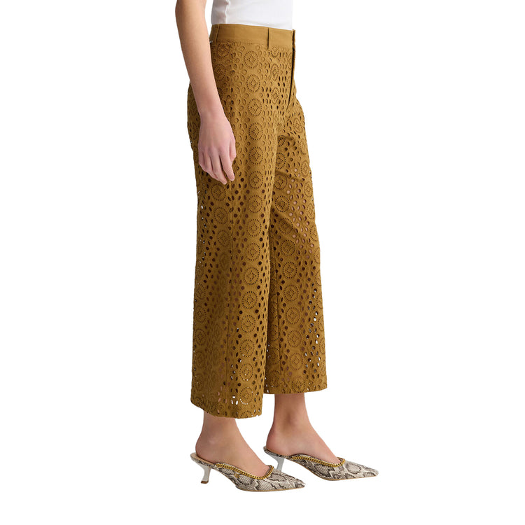 Pantaloni Donna cropped con ricami marrone modella laterale