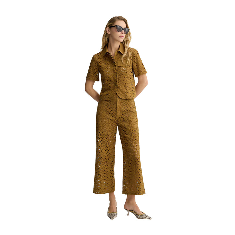 Pantaloni Donna cropped con ricami marrone modella intera frontale