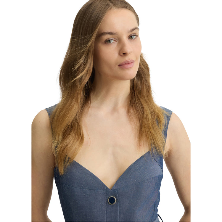 Abito Donna lungo in lino con cinta Blu modella frontale ravvicinata