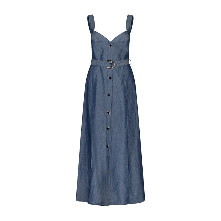 Abito Donna lungo in lino con cinta Blu