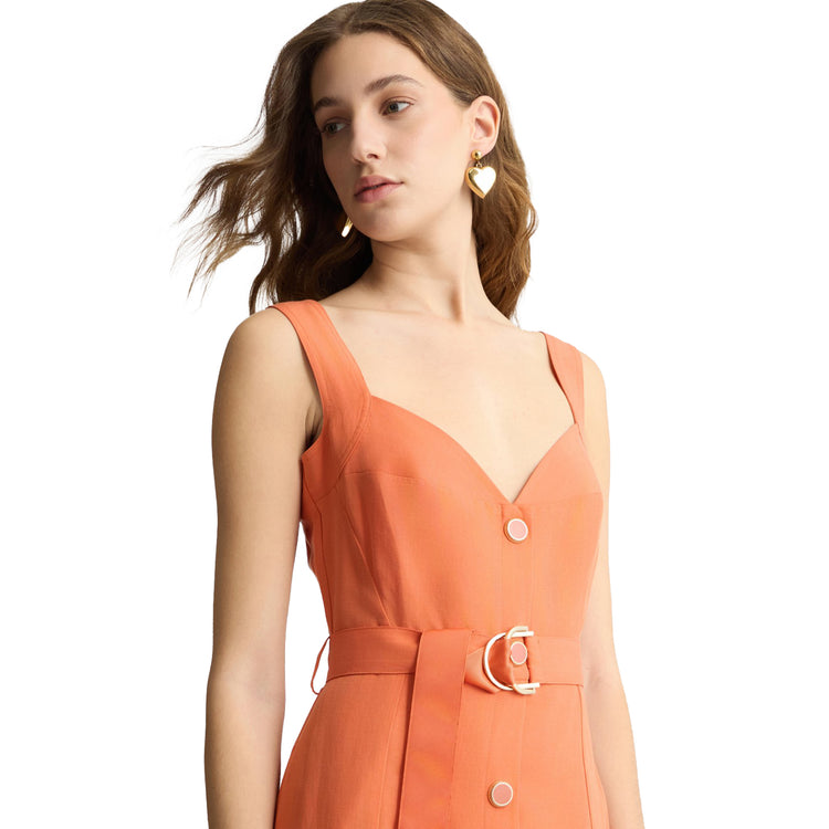 Abito Donna lungo in lino con cinta Arancione modella frontale ravvicinata