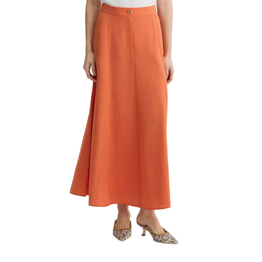 Gonna lunga Donna in misto lino arancione modella frontale