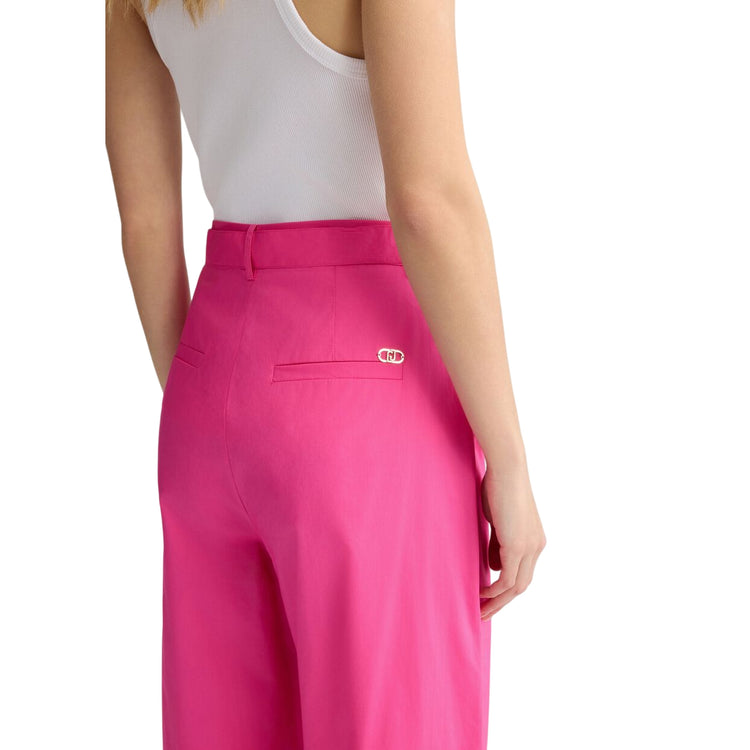 Pantaloni a palazzo da donna in popeline fucsia dettaglio retro