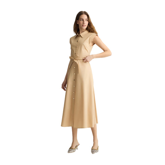 Abito lungo Donna chemisier in popeline Beige modella frontale