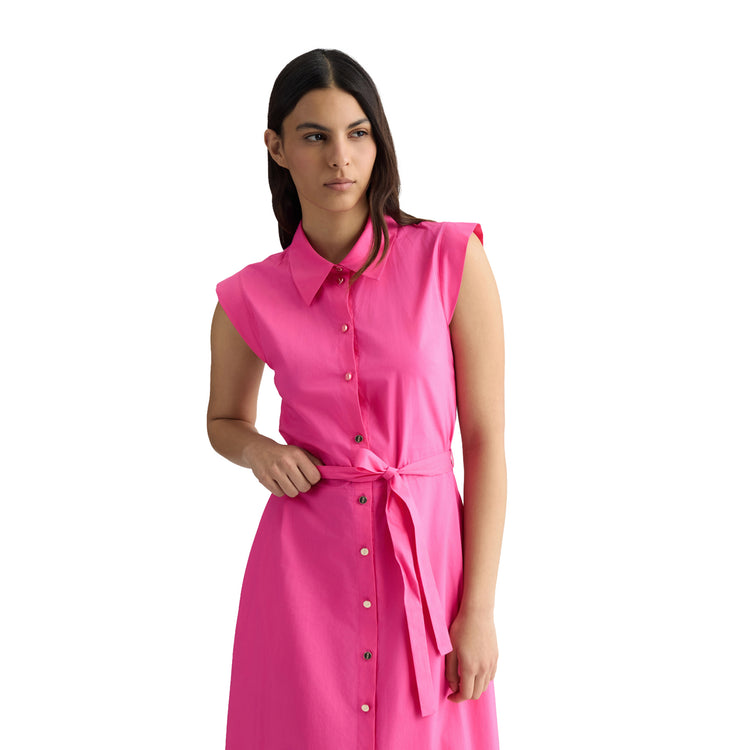 Abito lungo Donna chemisier in popeline Rosa modella frontale ravvicinata