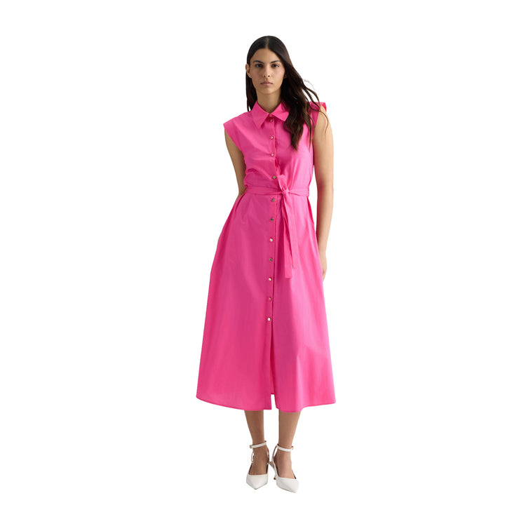 Abito lungo Donna chemisier in popeline Rosa modella frontale