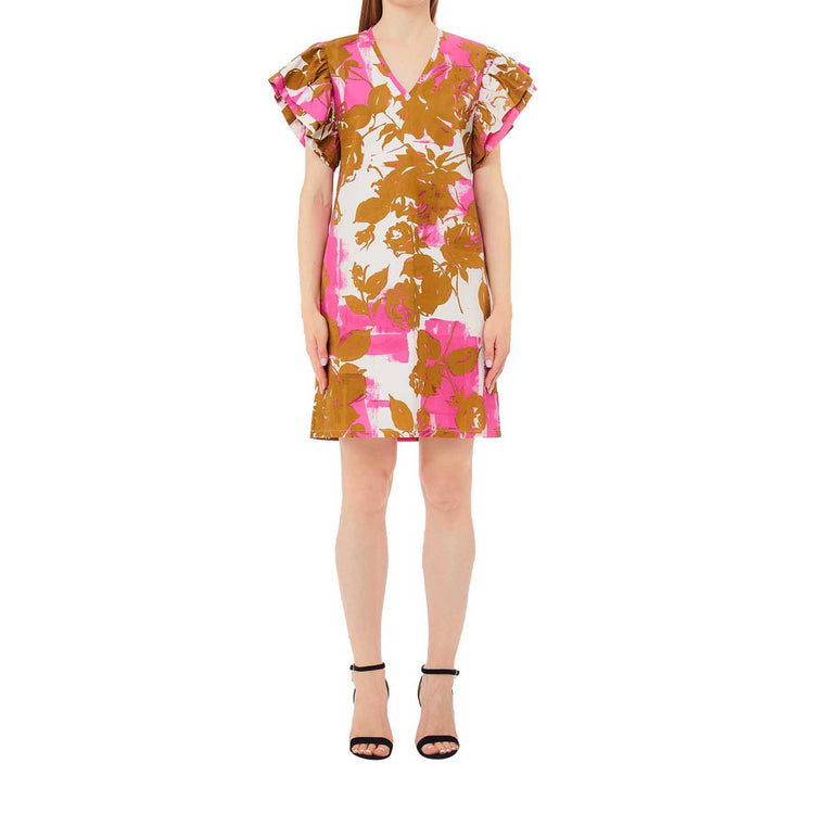 Abito corto da donna in popeline stampa floreale modella frontale