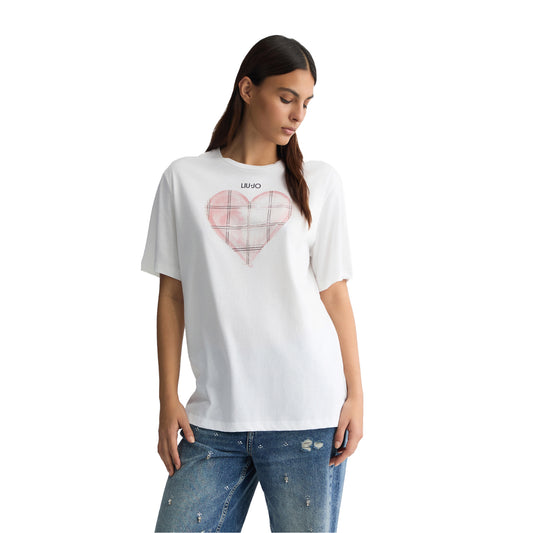 T-shirt Donna con cuore rosa frontale e strass modella frontale