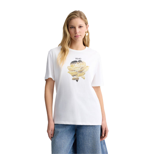 T-shirt Donna con rosa sul petto con strass modella frontale