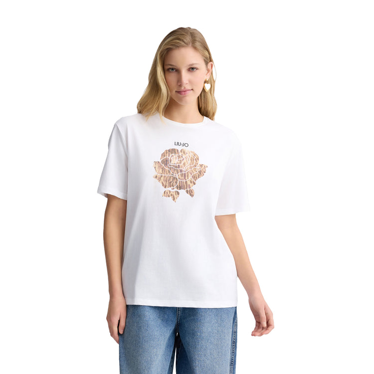 T-shirt Donna con fiore animalier modella frontale