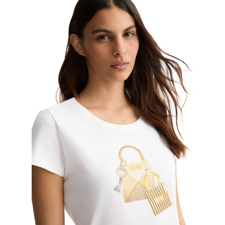 T-shirt Donna con stampa grafica con strass modella ravvicinata