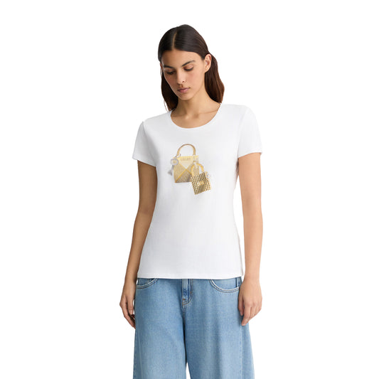 T-shirt Donna con stampa grafica con strass modella frontale