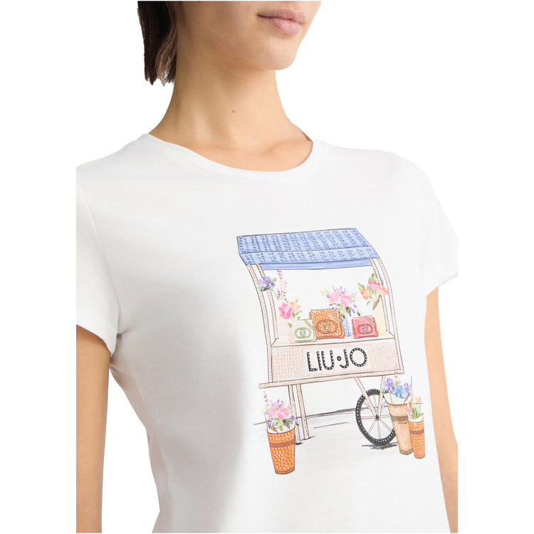 T-shirt Donna con stampa, logo e strass dettaglio