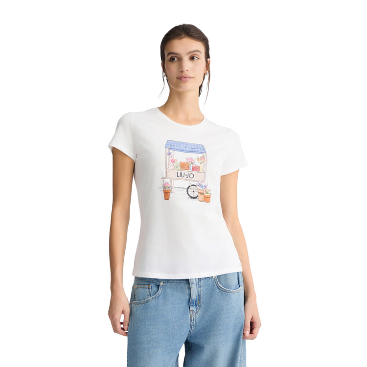 T-shirt Donna con stampa, logo e strass modella frontale