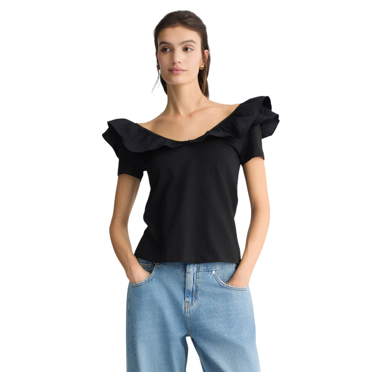 T-shirt Donna con rouches nero modella frontale