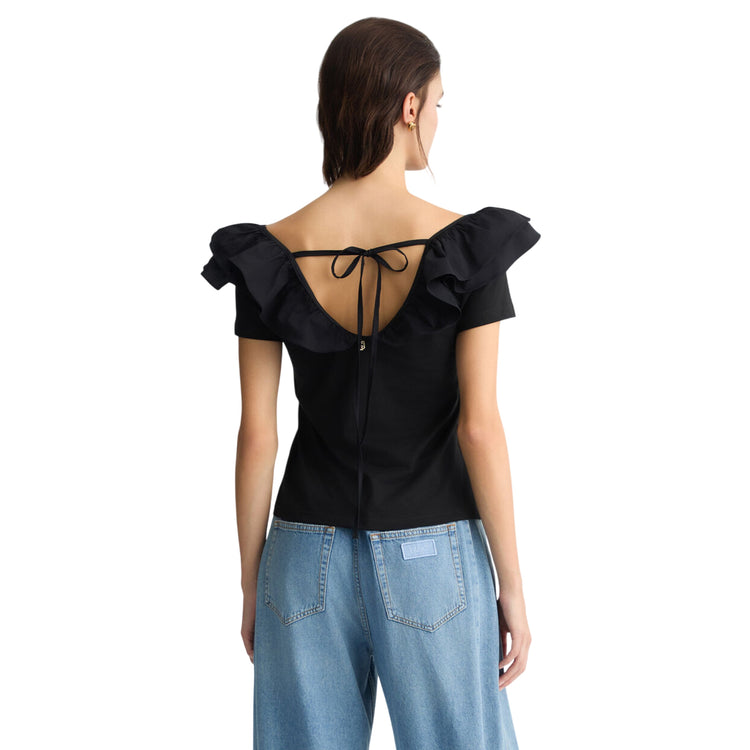 T-shirt Donna con rouches nero modella retro