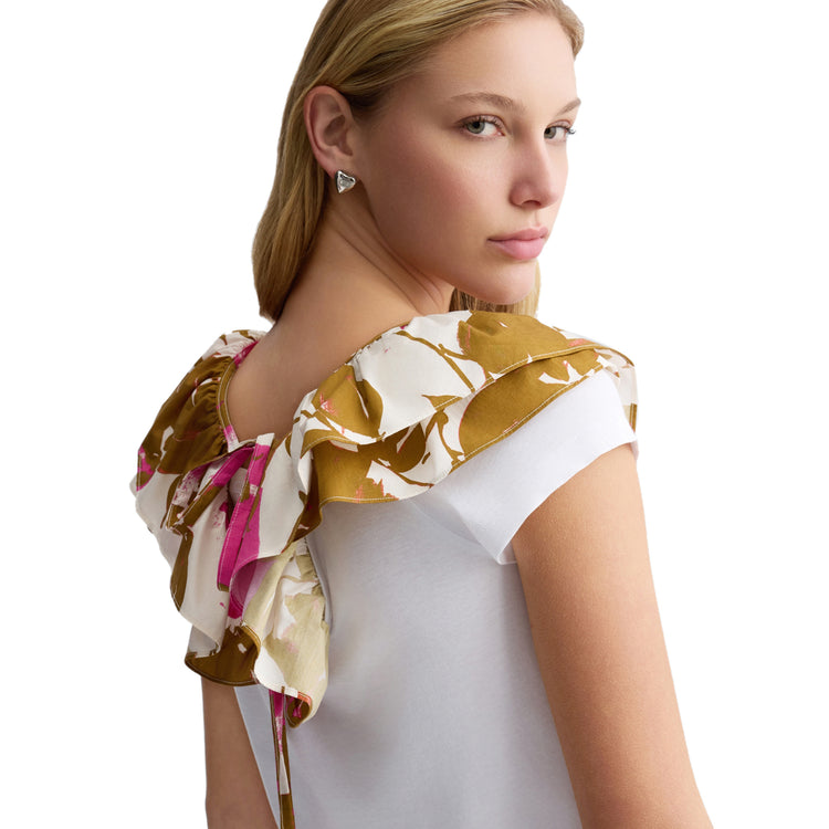 T-shirt Donna con rouches stampata floreale modella retro ravvicinata