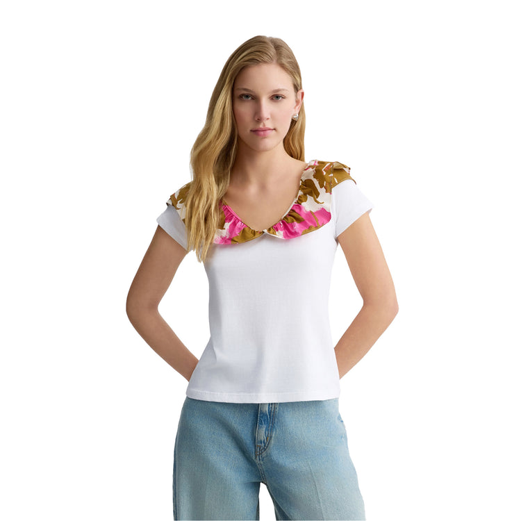 T-shirt Donna con rouches stampata floreale modella frontale