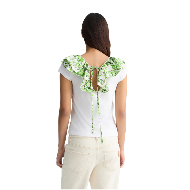 T-shirt Donna con rouches floreale verde modella retro