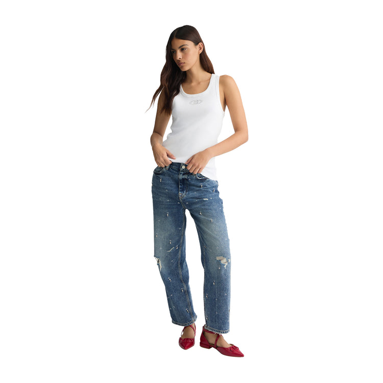 Top Donna in cotone con logo Bianco modella intera frontale