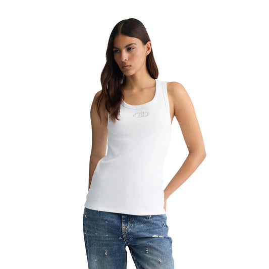 Top Donna in cotone con logo Bianco modella frontale