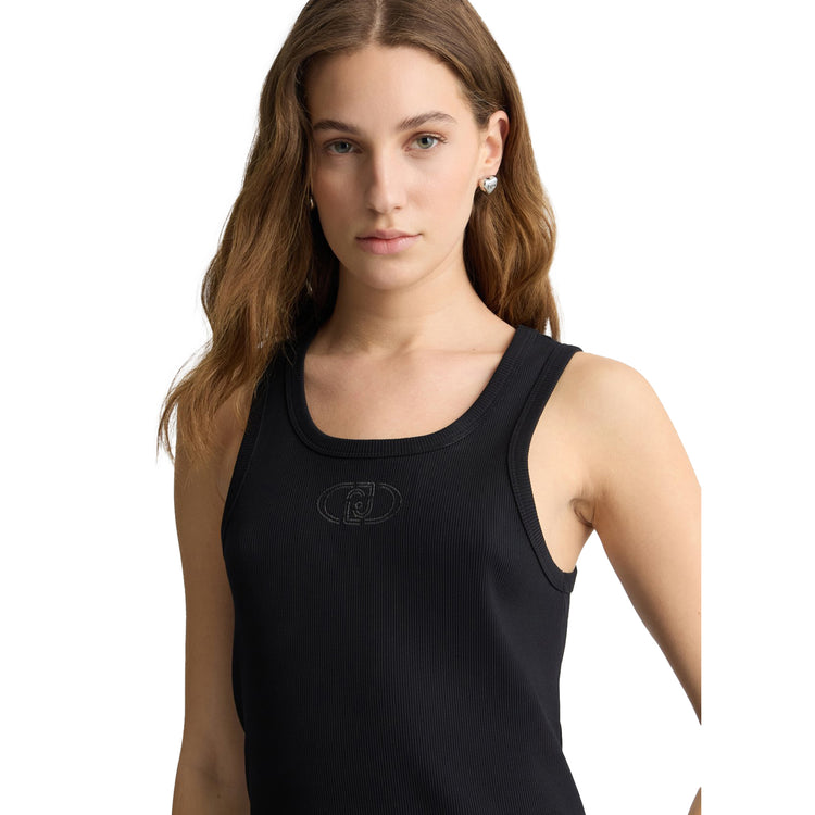 Top Donna in cotone con logo Nero modella frontale ravvicinata