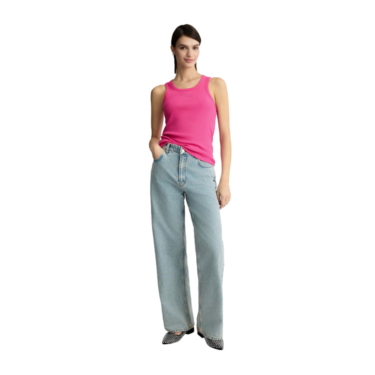 Top Donna in cotone con logo Rosa modella intera frontale