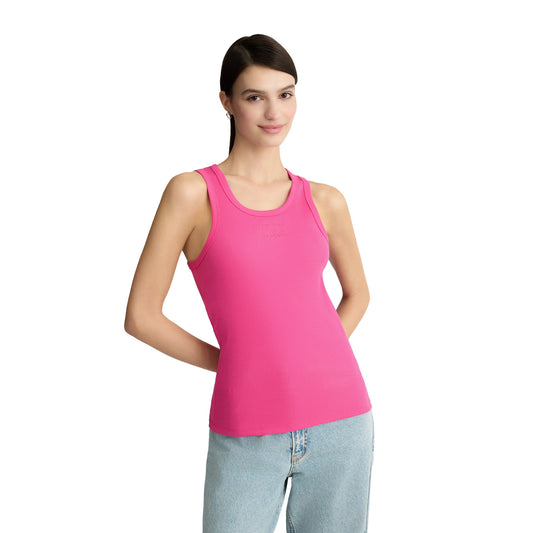 Top Donna in cotone con logo Rosa modella frontale