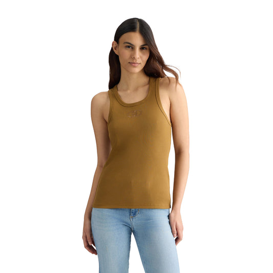 Top Donna in cotone con logo Marrone modella frontale
