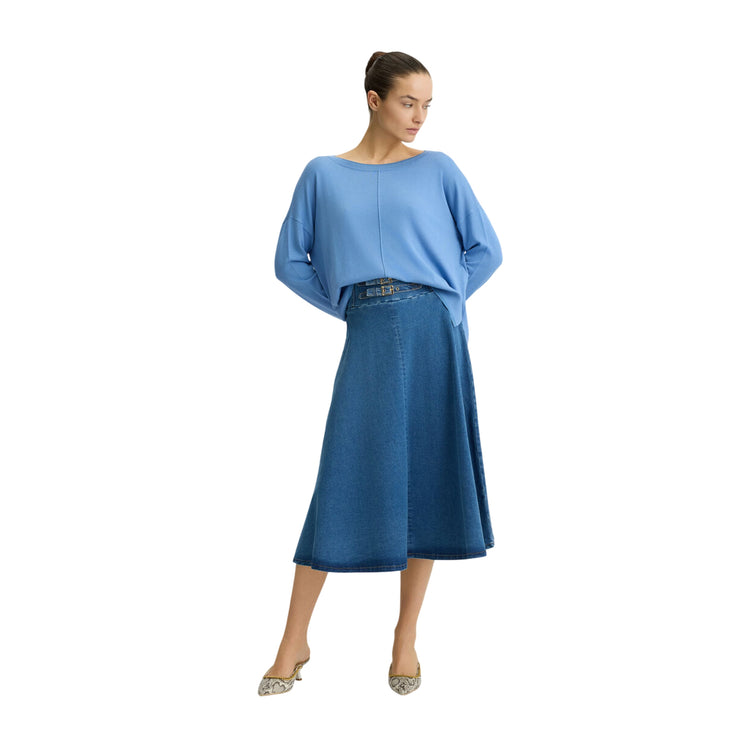 Maglia Donna Blu con interventi in lurex modella intera frontale