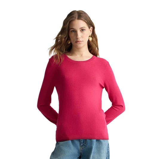 Maglia Donna Fucsia con spacchetti sui polsi modella frontale