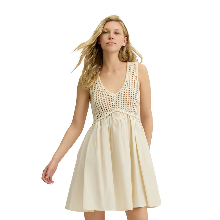 Abito Donna corto con top crochet Beige modella frontale