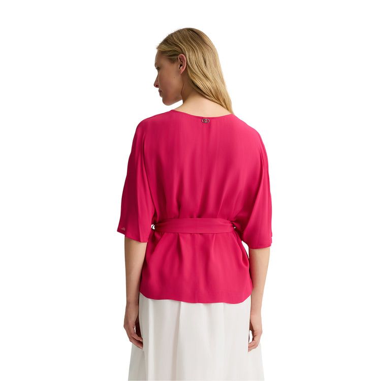Blusa Donna con cintura in vita Beige modella frontale
