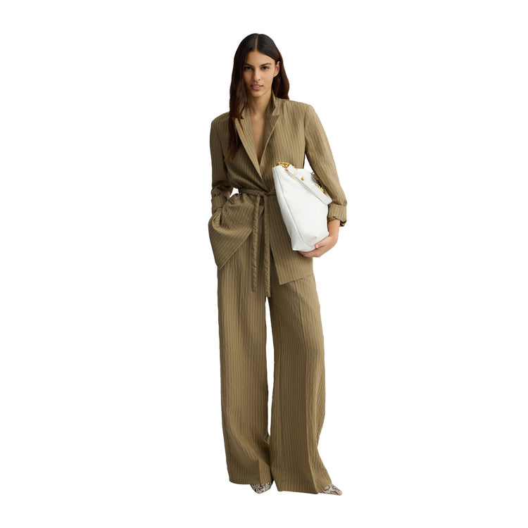 Blazer Donna a righe con cintura Verde modella intera frontale