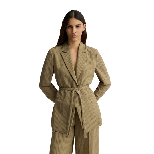 Blazer Donna a righe con cintura Verde modella frontale