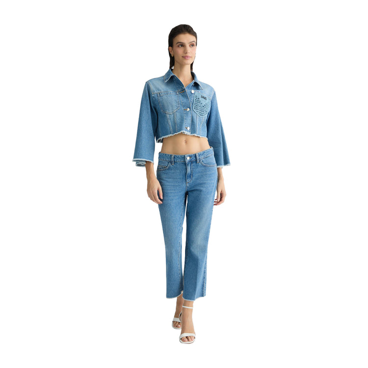 Jeans Donna cropped bootcut a vita alta modella intera frontale