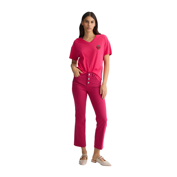 Pantaloni cropped donna a vita alta fucsia modella frontale