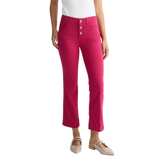 Pantaloni cropped donna a vita alta fucsia modella frontale