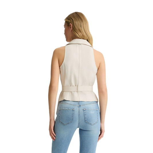Gilet doppiopetto con cintura beige chiaro modella retro