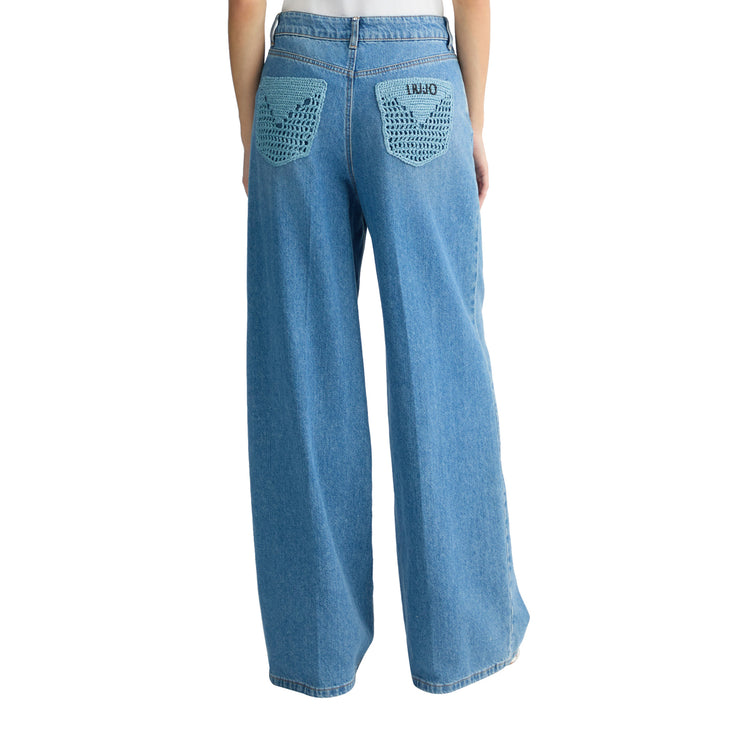Jeans flare Donna a vita alta con tasche crochet modella retro